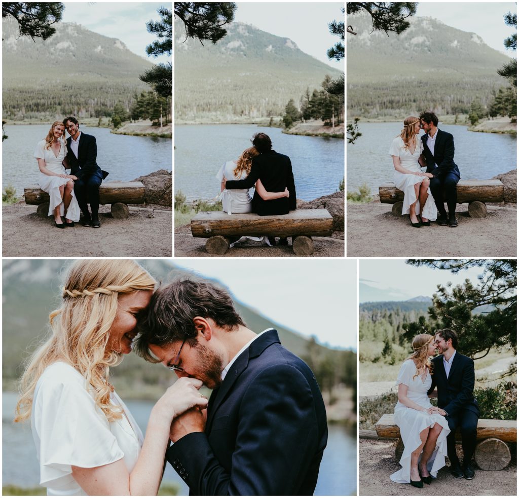 bride and groom hugging on wedding day at lily lake in rocky mountain national park 